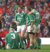 22 March 2003; Ireland's Ronan O'Gara celebrates the final whistle with David Humphreys, nearest camera, and Kevin Maggs after victory over Wales. RBS Six Nations Rugby Championship, Wales v Ireland, Millennium Stadium, Cardiff, Wales. Picture credit; Matt Browne / SPORTSFILE *EDI*