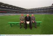 28 March 2003; President of the GAA Sean McCague, left, An Taoiseach Bertie Ahern T.D. and Lord Mayor of Dublin, Councillor Dermot Lynch, right, on the pitch prior to the opening of the redeveloped Canal end and Hogan stands at Croke Park, Dublin. Picture credit; Ray McManus / SPORTSFILE