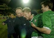 29 March 2003; Republic of Ireland manager Brian Kerr celebrates with Damien Duff and Kevin Kilbane at the end of the game. 2004 European Championship Qualifier, Georgia v Republic of Ireland, Lokomotiv Stadium, Tbilisi, Georgia. Soccer. Picture credit; Damien Eagers / SPORTSFILE *EDI*