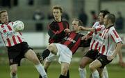 10 April 2003; Alan Kirby, Longford Town, in action against Derry City's Eamon Doherty (left), and Sean Hargan. eircom league, Premier Division, Derry City v Longford Town, Brandywell, Derry. Soccer. Picture credit; Damien Eagers / SPORTSFILE *EDI*