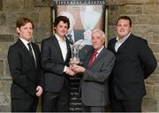 24 January 2013; Amateur golfer of the year Alan Dunbar is presented with his award by President Elect of the GUI Ivor McCandless alongside Brian Keogh, left, Chairman of the Golf Writers of Ireland, and Mark Fearon, from Tipperary Crystal. Golf Writers of Ireland Awards, Carton House, Maynooth, Co. Kildare. Picture credit: Matt Browne / SPORTSFILE