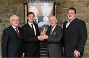24 January 2013; The Distinguished Service Award is presented to Oliver Barry, from Hollystown Golf Club, Co. Dublin, by Brian Keogh, Chairman of the Golf Writers of Ireland, alongside Lee Mallaghan, left, President of Carton House Golf Club, and Mark Fearon, from Tipperary Crystal. Golf Writers of Ireland Awards, Carton House, Maynooth, Co. Kildare. Picture credit: Matt Browne / SPORTSFILE