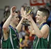25 January 2013; Aidan Quinn, left, St Malachy’s Belfast, celebrates victory with his brother Conor after the game. All-Ireland Schools Cup U19A Boys Final, St Malachy’s Belfast, Antrim v Templeogue College/St Josephs “Bish”, National Basketball Arena, Tallaght, Dublin. Picture credit: Barry Cregg / SPORTSFILE