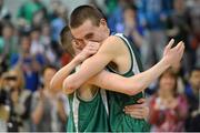 25 January 2013; Aidan Quinn, left, St Malachy’s Belfast, celebrates victory with team-mate Liam Peetigrew after the game. All-Ireland Schools Cup U19A Boys Final, St Malachy’s Belfast, Antrim v Templeogue College/St Josephs “Bish”, National Basketball Arena, Tallaght, Dublin. Picture credit: Barry Cregg / SPORTSFILE