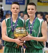 25 January 2013; Brothes Conor Quinn, left, and Aidan Quinn, of St Malachy’s Belfast, with their medals and the MVP award after the game. All-Ireland Schools Cup U19A Boys Final, St Malachy’s Belfast, Antrim v Templeogue College/St Josephs “Bish”, National Basketball Arena, Tallaght, Dublin. Picture credit: Brendan Moran / SPORTSFILE