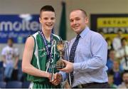 25 January 2013; St Malachy’s Belfast captain Conor Quinn is presented with the cup by Conor Lilly, Competitions Officer, Basketball Ireland. All-Ireland Schools Cup U19A Boys Final, St Malachy’s Belfast, Antrim v Templeogue College/St Josephs “Bish”, National Basketball Arena, Tallaght, Dublin. Picture credit: Brendan Moran / SPORTSFILE