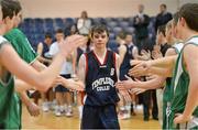 25 January 2013; Baolach Morrison, Templeogue College, is given high fives by the players from St Malachy’s Belfast as he makes his way up to collect his runners'-up medal. All-Ireland Schools Cup U19A Boys Final, St Malachy’s Belfast, Antrim v Templeogue College/St Josephs “Bish”, National Basketball Arena, Tallaght, Dublin. Picture credit: Brendan Moran / SPORTSFILE