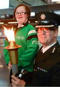 25 January 2013; Special Olympics Team Ireland athlete Rosalind Connolly, from Portadown, Co. Armagh, with Will Kerr, Assistant Chief Constable, PSNI, ahead of her departure to South Korea where she and her team-mates will compete at the 2013 Special Olympics World Winter Games from the 29th of January to the 5th of February. To follow Team Ireland’s progress at these Games visit www.specialolympics.ie/wintergames. Dublin Airport, Dublin. Picture credit: Ray McManus / SPORTSFILE