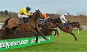 26 January 2013; Texas Jack, centre, with Paul Carberry up, leads Mount Benbulben, left, with Davy Russell up, and Marito, with Paul Townend up, as they jump the last on their way to winning the Boylesports.com - Bet On Your Mobile Novice Steeplechase. Leopardstown Racecourse, Leopardstown, Co. Dublin. Picture credit: Brendan Moran / SPORTSFILE