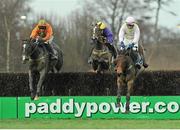 26 January 2013; Texas Jack, left, with Paul Carberry up, leads Marito, right, with Paul Townend up, as they jump the last on their way to winning the Boylesports.com - Bet On Your Mobile Novice Steeplechase. Leopardstown Racecourse, Leopardstown, Co. Dublin. Picture credit: Brendan Moran / SPORTSFILE