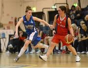 26 January 2013; Georgina McKenna, Oblate Dynamos, in action against Laura Rogers, left, Tralee Imperials. Basketball Ireland Senior Women's National Cup Final, Tralee Imperials, Kerry v Oblate Dynamos, Dublin, National Basketball Arena, Tallaght, Dublin. Photo by Sportsfile