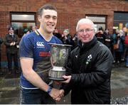 26 January 2013; Michael Cunningham, chairman of the IRFU youth committee, presents the cup to Leinster captain James Nolan. Under 18 Club Interprovincial Final, Leinster v Connacht, Mullingar RFC, Mullingar, Co. Westmeath. Picture credit: Dáire Brennan / SPORTSFILE