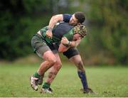 26 January 2013; Pat O'Toole, Connacht, is tackled by James Nolan, Leinster. Under 18 Club Interprovincial Final, Leinster v Connacht, Mullingar RFC, Mullingar, Co. Westmeath. Picture credit: Dáire Brennan / SPORTSFILE