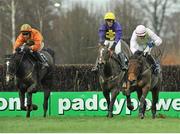 26 January 2013; Texas Jack, left, with Paul Carberry up, leads Marito, right, with Paul Townend up, as they jump the last on their way to winning the Boylesports.com - Bet On Your Mobile Novice Steeplechase. Leopardstown Racecourse, Leopardstown, Co. Dublin. Picture credit: Brendan Moran / SPORTSFILE