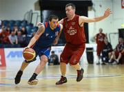 26 January 2013; Brian O'Neill, Blue Demons, in action against Tom Fleming, Team Garvey's St Mary's. Basketball Ireland Senior Men's National Cup Final, Blue Demons, Cork v Team Garvey's St Mary's, Kerry, National Basketball Arena, Tallaght, Dublin. Photo by Sportsfile