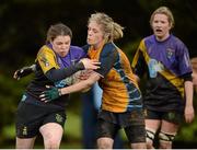 26 January 2013; Sarah Cranley, Railway Union, is tackled by Shona Byrne, Clondalkin. Leinster Women's Club Rugby League Division 3 Final, Railway Union v Clondalkin. Athy RFC, The Showgrounds, Athy, Co. Kildare. Picture credit: Stephen McCarthy / SPORTSFILE