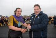 26 January 2013; Robert McDermott, Leinster Rugby, presented the trophy to Railway Union captain Shirley Corcoran. Leinster Women's Club Rugby League Division 3 Final, Railway Union v Clondalkin. Athy RFC, The Showgrounds, Athy, Co. Kildare. Picture credit: Stephen McCarthy / SPORTSFILE