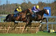 27 January 2013; Legal Exit, left, with Barry Geraghty up, jumps the last together with Urano, with Ruby Walsh up, on the way to winning the Frank Conroy Memorial Maiden Hurdle. Leopardstown Racecourse, Leopardstown, Co. Dublin. Picture credit: Barry Cregg / SPORTSFILE