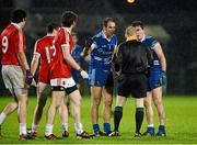 26 January 2013; Paul Finlay and Dessie Mone, Monaghan, speak with referee Barry Cassidy. Power NI Dr. McKenna Cup Final, Tyrone v Monaghan, Athletic Grounds, Armagh. Picture credit: Oliver McVeigh / SPORTSFILE
