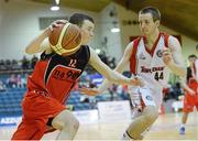 27 January 2013; Paddy Sullivan, Killister, in action against Brian Thiessen, Templeogue Azzur. Basketball Ireland Men's U20 National Cup Final, Templeogue Azzuri, Dublin v Killester, Dublin, National Basketball Arena, Tallaght, Dublin. Photo by Sportsfile