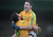 27 January 2013; Danny Beck, right, Leitrim, celebrates with Wayne McKeon at the end of the game. Connacht FBD League Home Final, Sligo v Leitrim, Markievicz Park, Sligo. Picture credit: David Maher / SPORTSFILE