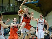 27 January 2013; Mikey Deegan, Killister, in action against Tomas Swiatowy and Eoghan O'Connor, right, Templeogue Azzuri. Basketball Ireland Men's U20 National Cup Final, Templeogue Azzuri, Dublin v Killester, Dublin, National Basketball Arena, Tallaght, Dublin. Photo by Sportsfile