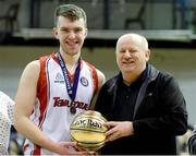 27 January 2013; Luke Thompson, Templeogue Azzuri, is presented with the MVP award by Ken Clarke, member of the CSC. Basketball Ireland Men's U20 National Cup Final, Templeogue Azzuri, Dublin v Killester, Dublin, National Basketball Arena, Tallaght, Dublin. Photo by Sportsfile