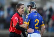 27 January 2013; Referee Colm Lyons with Tipperary's Conor O'Brien after awarding a free to Limerick. Waterford Crystal Cup Quarter-Final, Tipperary v Limerick, McDonagh Park, Nenagh, Co. Tipperary. Picture credit: Diarmuid Greene / SPORTSFILE