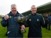 27 January 2013; Leitrim joint manager's Barney Breen, left, and George Dugdale celebrate with the cup at the end of the game. Connacht FBD League Home Final, Sligo v Leitrim, Markievicz Park, Sligo. Picture credit: David Maher / SPORTSFILE