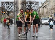 29 January 2013; Model Holly Carpenter with two time Rás winner Ciaran Power, left, and county rider Brian Ahern at the launch of the 2013 An Post Rás which will begin on Sunday May 19th, in Dunboyne, and finish on Sunday May 26th, in Skerries. An Post Rás 2013 Launch, GPO, O'Connell Street, Dublin. Picture credit: Brian Lawless / SPORTSFILE