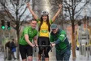 29 January 2013; Model Holly Carpenter with two time Rás winner Ciaran Power, left, and Postman Paul O'Meara, from Fairview, who works the O'Connell Street route, at the launch of the 2013 An Post Rás which will begin on Sunday May 19th, in Dunboyne, and finish on Sunday May 26th, in Skerries. An Post Rás 2013 Launch, GPO, O'Connell Street, Dublin. Picture credit: Brian Lawless / SPORTSFILE