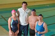 29 January 2013; Former International rugby player and Swim Ireland Ambassador Shane Horgan with adult swimmers  Liz McCarthy, left, Andre Rea, centre, and Anne McAdam in attendance at the launch of Swim Irelands “Swim Healthy” Initiative. Marian College Swimming Pool, Lansdowne Road, Ballsbridge, Dublin. Picture credit: Barry Cregg / SPORTSFILE