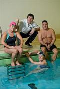 29 January 2013; Former International rugby player and Swim Ireland Ambassador Shane Horgan with adult swimmers  Liz McCarthy, left, Anne McAdam, centre, and Andre Rea at the launch of Swim Irelands “Swim Healthy” Initiative. Marian College Swimming Pool, Lansdowne Road, Ballsbridge, Dublin. Picture credit: Barry Cregg / SPORTSFILE