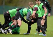 29 January 2013; Ireland's Jonathan Sexton is tackled by Craig Gilroy and Keith Earls during squad training ahead of their opening RBS Six Nations Rugby Championship match against Wales on Saturday. Ireland Rugby Squad Training, Carton House, Maynooth, Co. Kildare. Picture credit: Brendan Moran / SPORTSFILE