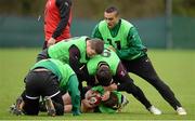 29 January 2013; Ireland players Brian O'Driscoll Conor Murray, Gordon D'Arcy and Simon Zebo in action during squad training ahead of their opening RBS Six Nations Rugby Championship match against Wales on Saturday. Ireland Rugby Squad Training, Carton House, Maynooth, Co. Kildare. Picture credit: Brendan Moran / SPORTSFILE