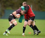 29 January 2013; Ireland's Jamie Heaslip is tackled by Rory Best during squad training ahead of their opening RBS Six Nations Rugby Championship match against Wales on Saturday. Ireland Rugby Squad Training, Carton House, Maynooth, Co. Kildare. Picture credit: Brendan Moran / SPORTSFILE