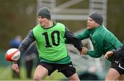 29 January 2013; Ireland's Jonathan Sexton is tackled by Ian Madigan during squad training ahead of their opening RBS Six Nations Rugby Championship match against Wales on Saturday. Ireland Rugby Squad Training, Carton House, Maynooth, Co. Kildare. Picture credit: Brendan Moran / SPORTSFILE