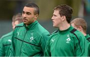 29 January 2013; Ireland's Simon Zebo, left, and Craig Gilroy during squad training ahead of their opening RBS Six Nations Rugby Championship match against Wales on Saturday. Ireland Rugby Squad Training, Carton House, Maynooth, Co. Kildare. Picture credit: Brendan Moran / SPORTSFILE