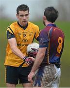 29 January 2013; Fiontan O Curraoin, DCU, and David Niblock, UL, exchange a handshake after the game. Irish Daily Mail Sigerson Cup, Preliminary Round, UL v DCU, University of Limerick, Limerick. Picture credit: Diarmuid Greene / SPORTSFILE