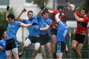 29 January 2013; Dan O'Sullivan and Jamie O'Sullivan, right, UCC, in action against, from left, Mattie Donnelly, Gerard McCartan, Aaron Devlin, and Richie Donnelly, UUJ. Irish Daily Mail Sigerson Cup, Round 1, UCC v UUJ, Parnells GAA Club, Coolock, Dublin. Picture credit: Brian Lawless / SPORTSFILE