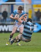 29 January 2013; Dan Green, St. Michael’s College, is tackled by Mark Bennett, Castleknock College. Powerade Leinster Schools Senior Cup, 1st Round, St. Michael’s College v Castleknock College, Donnybrook Stadium, Donnybrook, Co. Dublin. Picture credit: Barry Cregg / SPORTSFILE
