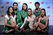 29 January 2013; Athletes, from left to right, Jessie Barr, Colin Costello, Ciara Mageean, Fionnuala Britton, Thomas Barr and Ava Hutchinson in attendance at a New Balance & Athletics Ireland Partnership launch. The Market Bar, Dublin. Picture credit: David Maher / SPORTSFILE