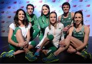 29 January 2013; Athletes, from left to right, Jessie Barr, Colin Costello, Ciara Mageean, Fionnuala Britton, Thomas Barr and Ava Hutchinson in attendance at a New Balance & Athletics Ireland Partnership launch. The Market Bar, Dublin. Picture credit: David Maher / SPORTSFILE