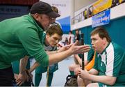 30 January 2013; Team Ireland's players Aidan Cross, left, from Cahir, Co. Tipperary, and Joseph McCarthy, from, Midleton, Co. Cork, listen intently as Special Olympic Floorball Head Coach Paul O’ Callaghan, from Bandon, Co. Cork, issues instructions at half time. Match 1, Division 2, Ireland v Switzerland. 2013 Special Olympics World Winter Games, Floorball, Gangneung Indoor Sports Center, Gangneung, South Korea. Picture credit: Ray McManus / SPORTSFILE