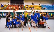 30 January 2013; Team Ireland and the South Korea team after the game. Match 2, Division 2, South Korea v Ireland, 2013 Special Olympics World Winter Games, Floorball, Gangneung Indoor Sports Center, Gangneung, South Korea. Picture credit: Ray McManus / SPORTSFILE