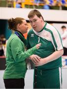 30 January 2013; Special Olympic athlete Aidan Cross, from Cahir, Co. Tipperary, listens to Floorball Coach Louise O’ Toole, from Waterford City, after the game. Match 1, Division 2, Ireland v Switzerland. 2013 Special Olympics World Winter Games, Floorball, Gangneung Indoor Sports Center, Gangneung, South Korea. Picture credit: Ray McManus / SPORTSFILE