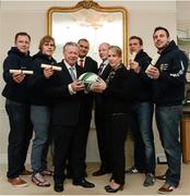30 January 2013; Dr. Seán M. Rowland, President, Hibernia College, third from left, and Kate Kirby IRUPA, Player Services Advisor, with, from left to right, IRUPA's Michael Swift, Andrew Trimble, Omar Hassanein, CEO IRUPA, Hamish Adams, IRUPA Player Services Advisor, TJ Anderson and Tommy Bowe. Hibernia College, Clare Street, Dublin. Picture credit: Matt Browne / SPORTSFILE