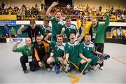 30 January 2013; Team Ireland players James Murphy, Joseph McCarthy, Aidan Cross, Roy Saville, Sean Murphy, William McGrath, Brendan O'Sullivan and George Fitzgerald, and coaches Paul O’ Callaghan, back left, Louise O’ Toole, and Martin O’ Leary, front left, celebrate an 11-1 win over the host nation. Match 2, Division 2, South Korea v Ireland, 2013 Special Olympics World Winter Games, Floorball, Gangneung Indoor Sports Center, Gangneung, South Korea. Picture credit: Ray McManus / SPORTSFILE