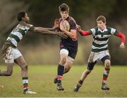 30 January 2013; Matthew Douglas, Wesley College, is tackled by Bunmi Oyatdru and Freddie Morris, St. Columba’s College. Fr. Godfrey Cup, Wesley College v St. Columba’s College, Templeogue College, Templeogue, Co. Dublin. Picture credit: Matt Browne / SPORTSFILE