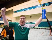 30 January 2013; Team Ireland's Aidan Cross, from Cahir, Co. Tipperary, celebrates an Irish 11-1 victory over the host nation. Match 2, Division 2, South Korea v Ireland, 2013 Special Olympics World Winter Games, Floorball, Gangneung Indoor Sports Center, Gangneung, South Korea. Picture credit: Ray McManus / SPORTSFILE